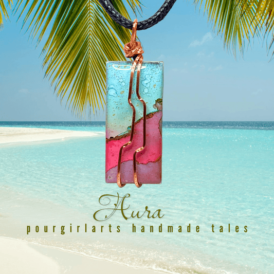 Necklace with a colorful pendant against a tropical beach background