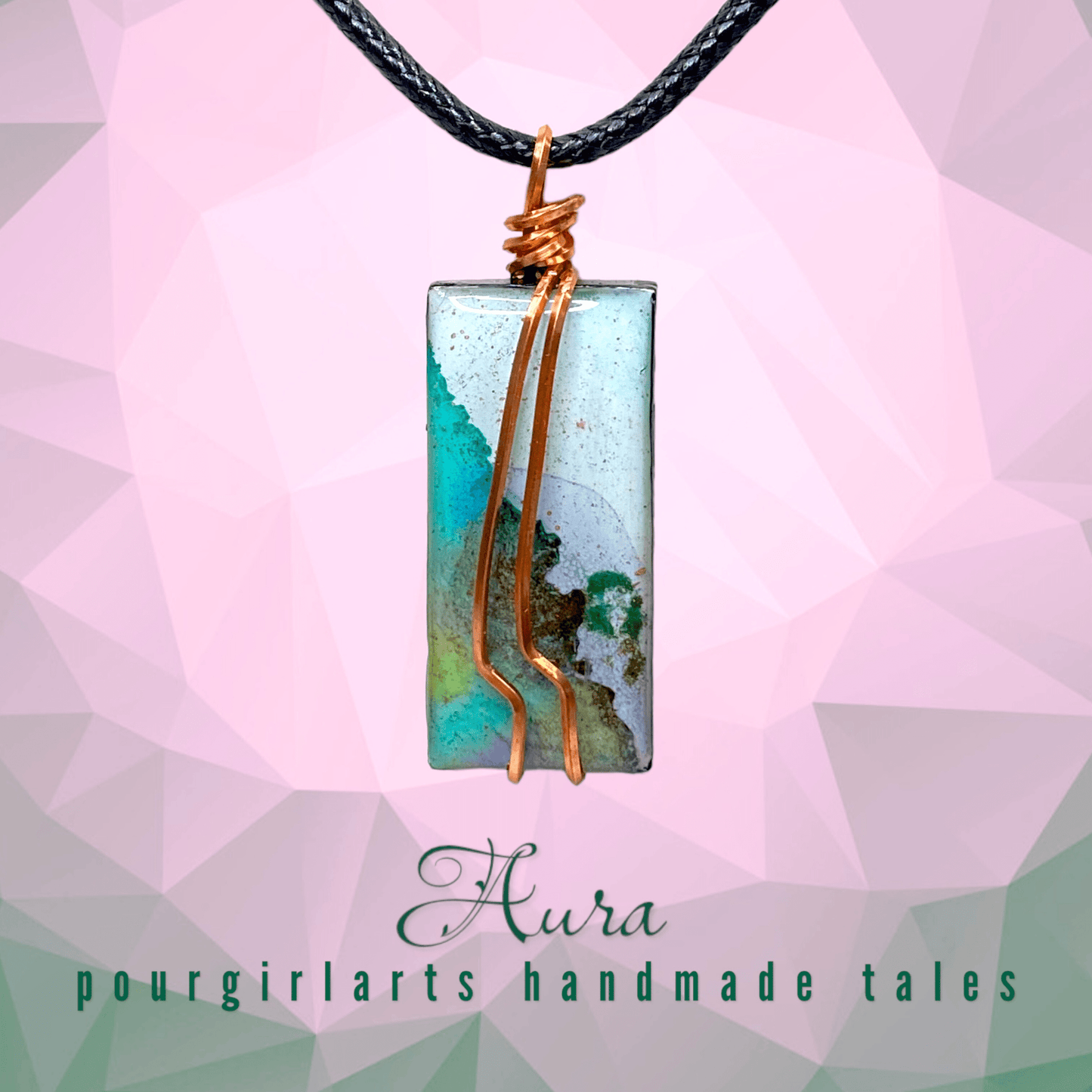 Necklace with a rectangular pendant featuring a copper wire on a pink geometric background, with 'Aura pourgirlarts handmade tales' text.