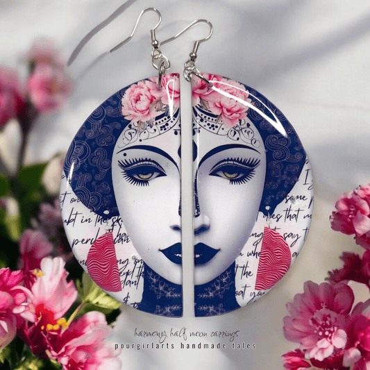 Earrings with face design and floral elements on a floral background