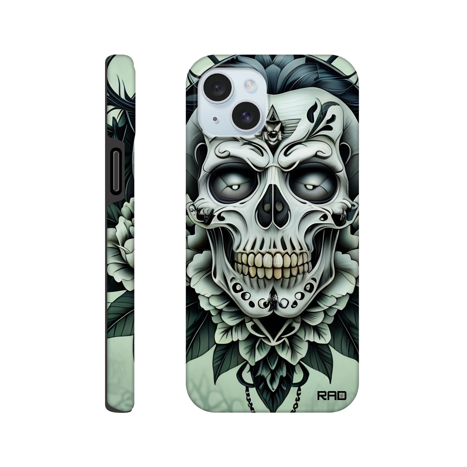 Phone case with skull and floral design on a light green background