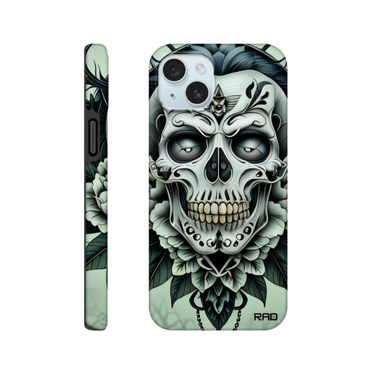 Phone case with skull and floral design on a light green background