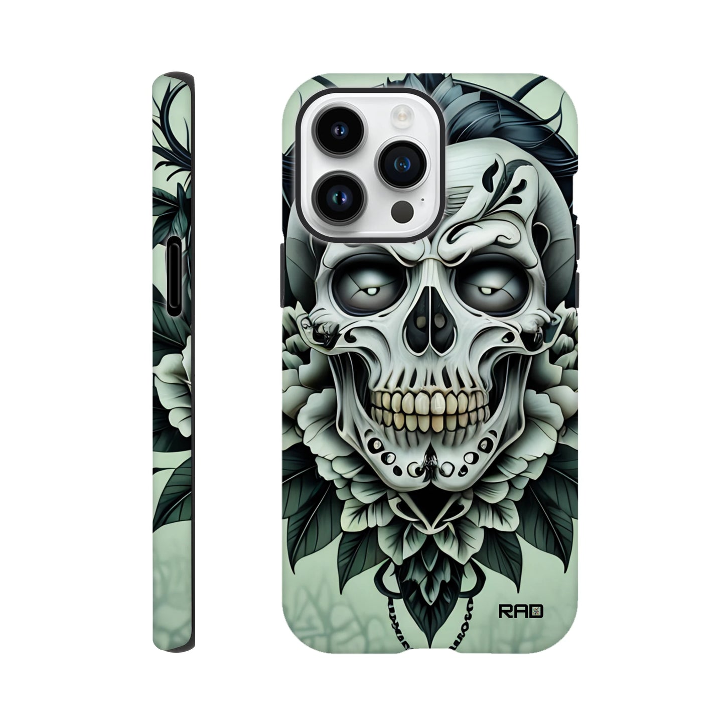 Phone case with skull and floral design on a light green background