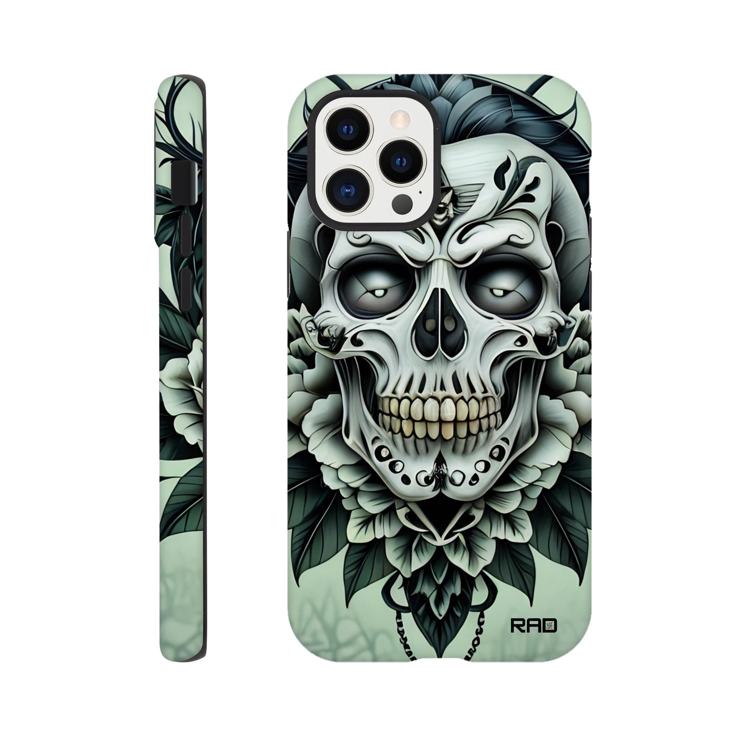 Phone case with skull and floral design on a light green background