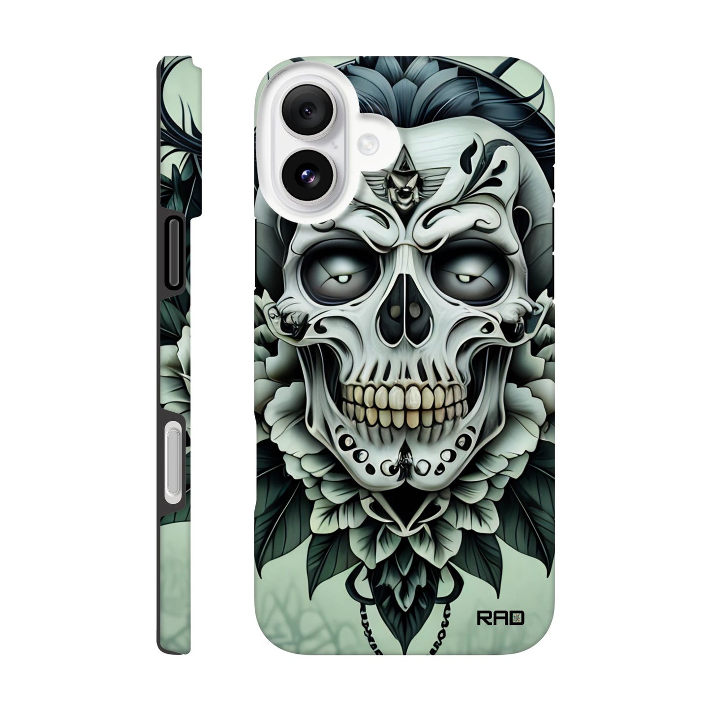 Phone case with skull design and RAD branding on a white background