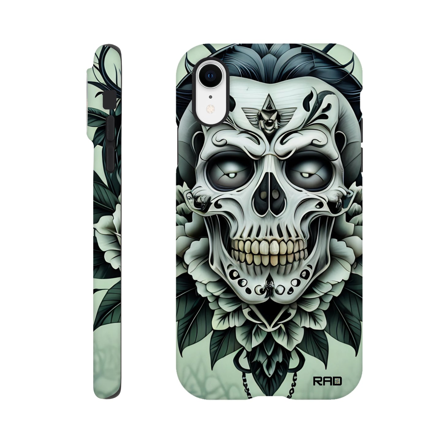 Phone case with skull and floral design on a light green background