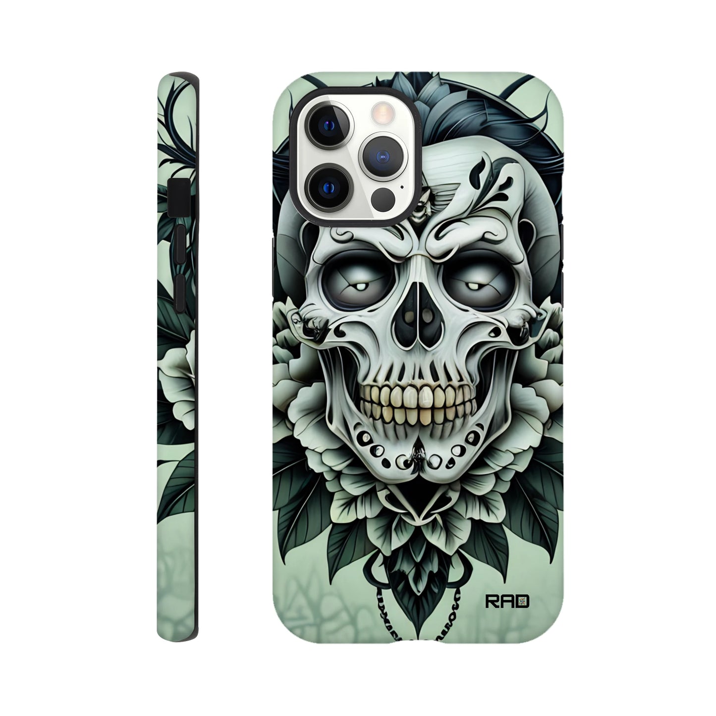 Phone case with skull and floral design on a light green background