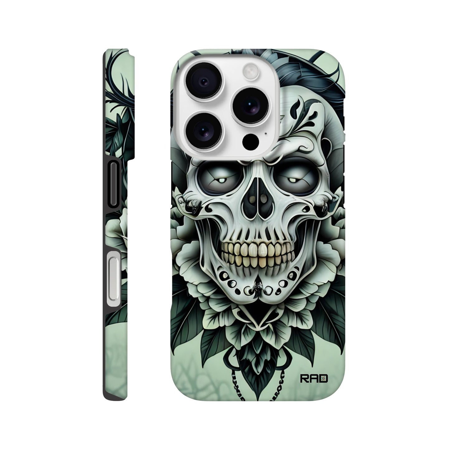Phone case with skull and floral design on a light green background