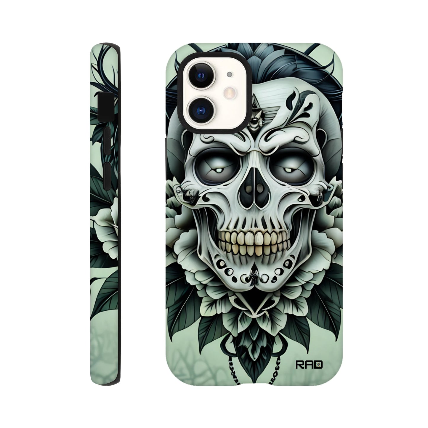 Phone case with skull and floral design on a light green background