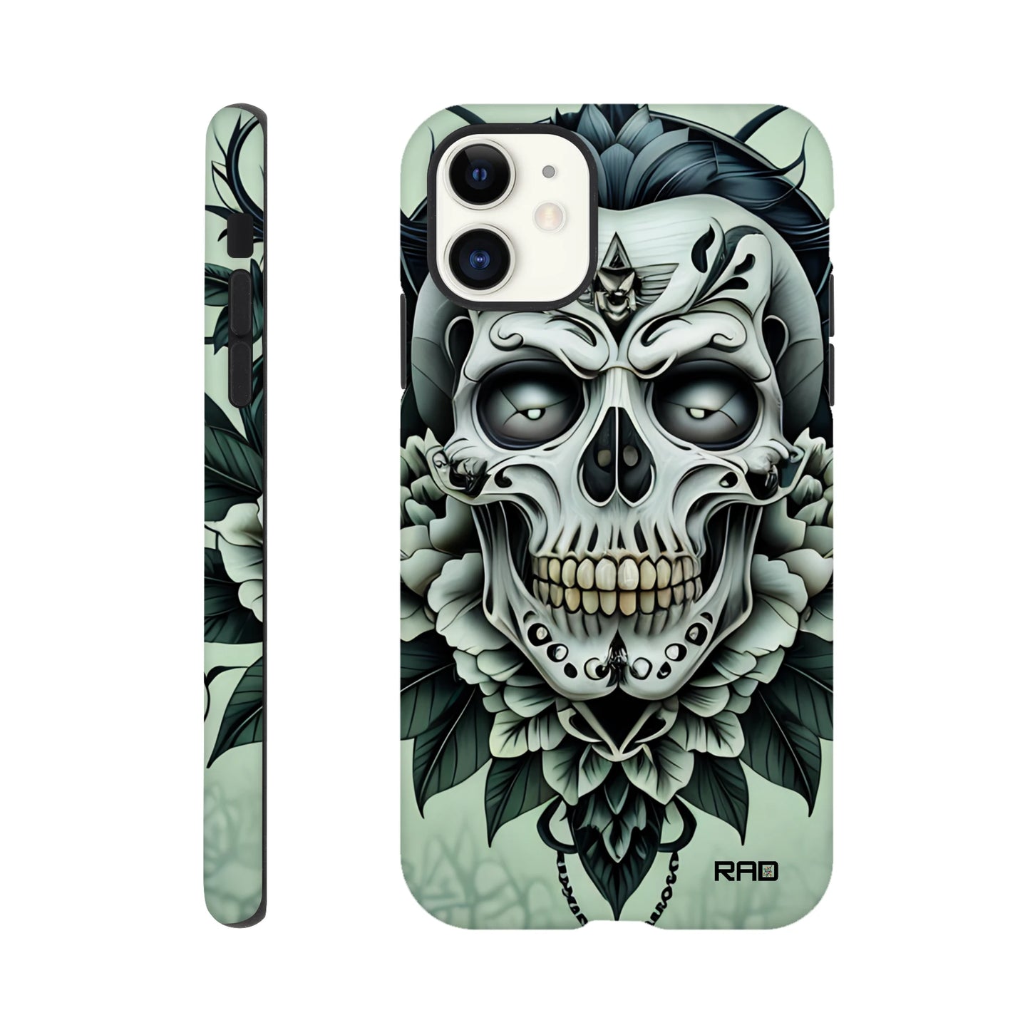 Phone case with skull design on a light green background
