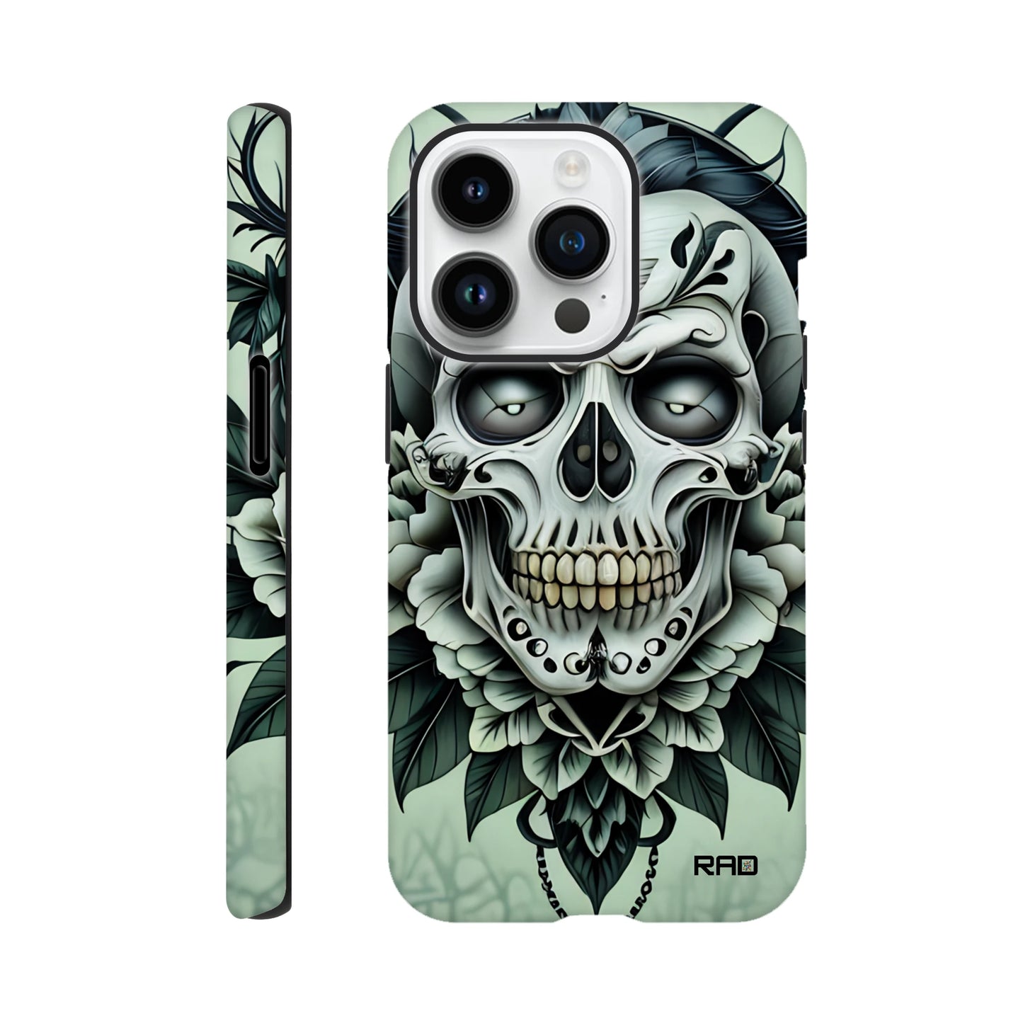 Phone case with skull and floral design on a light green background
