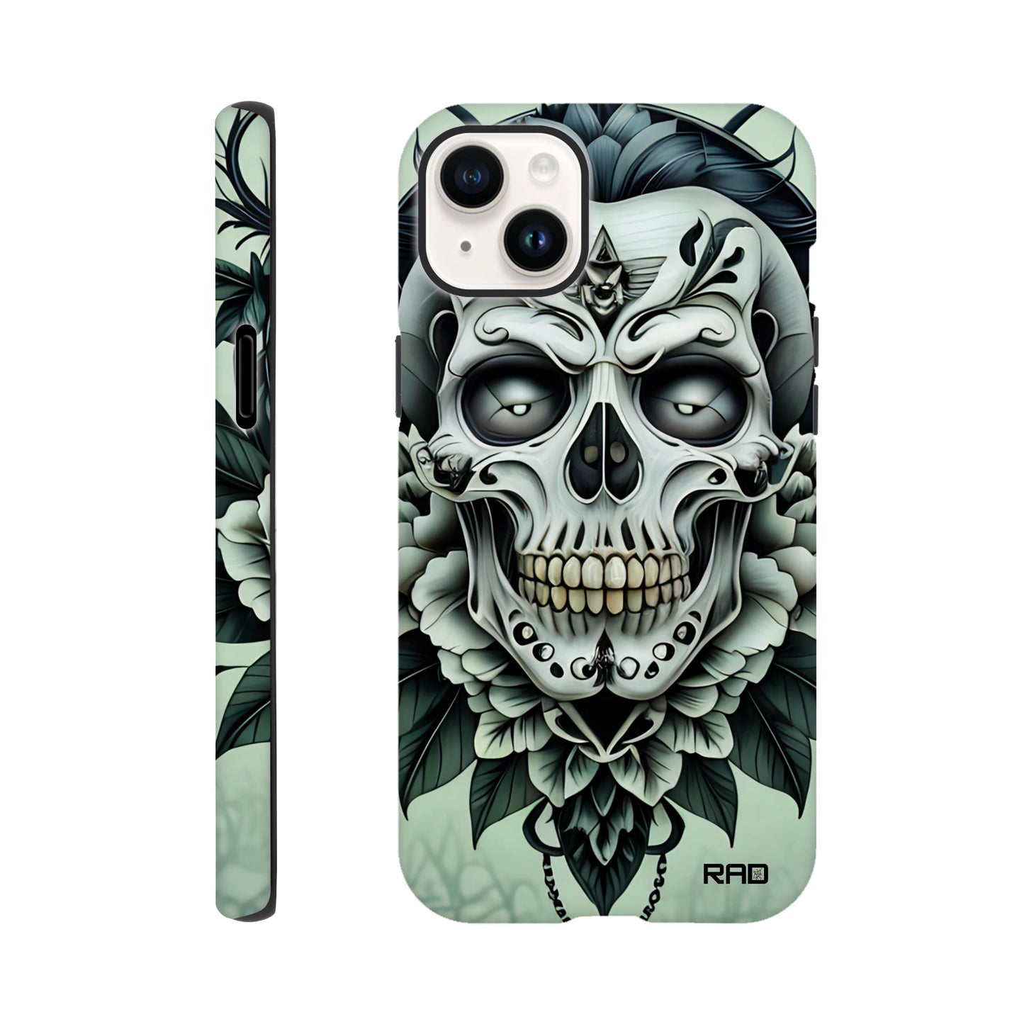 Phone case with skull and floral design on a light green background