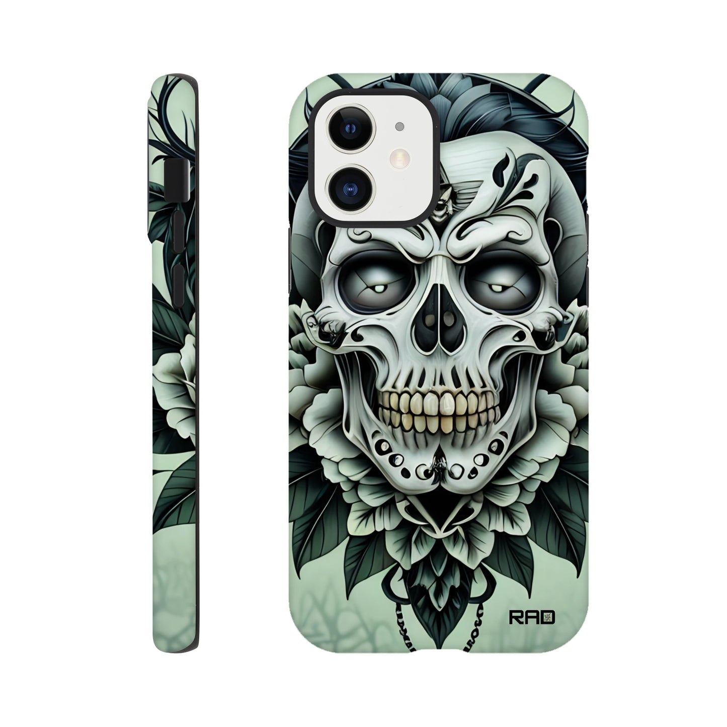 Phone case with skull and floral design on a light green background