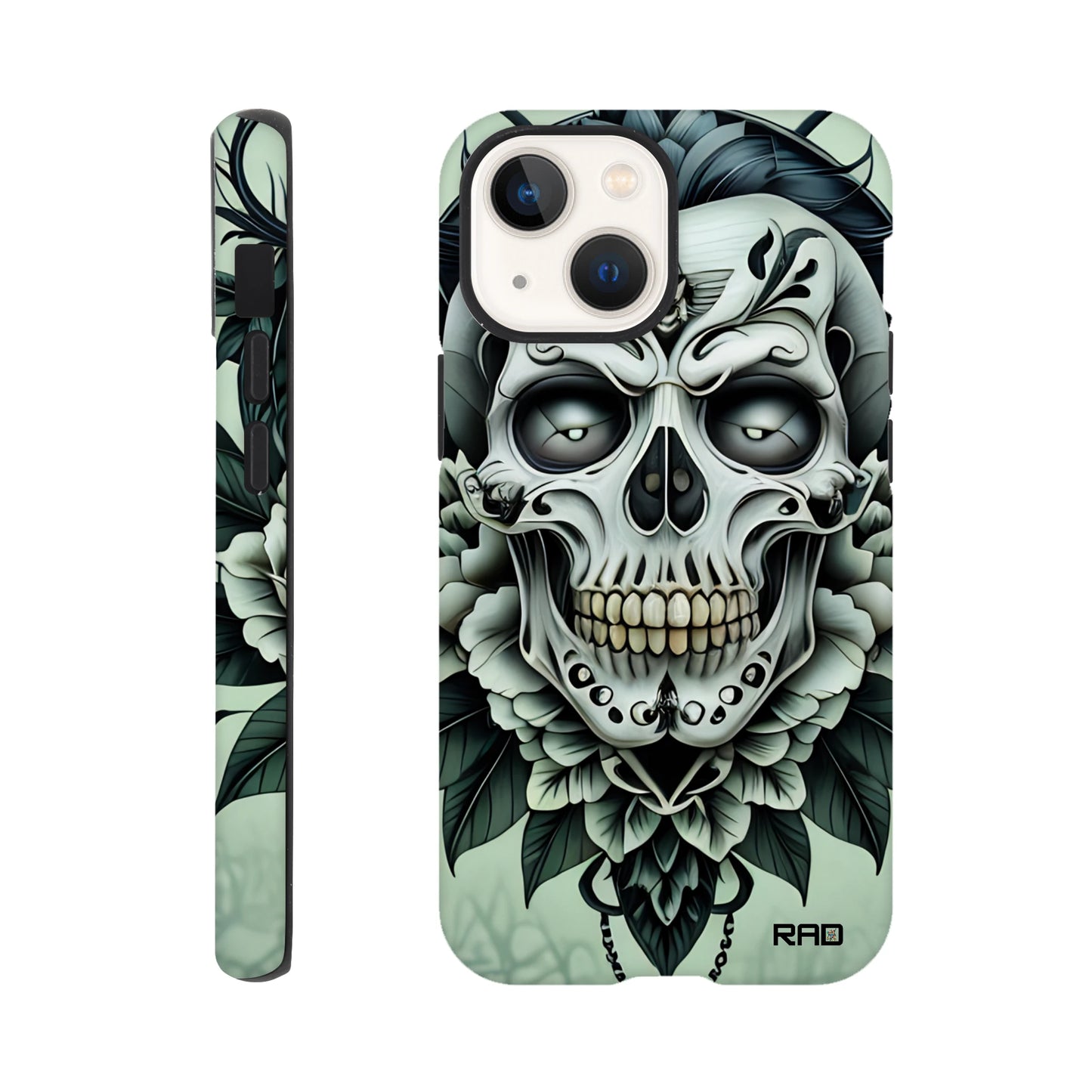 Phone case with skull and floral design on a light green background