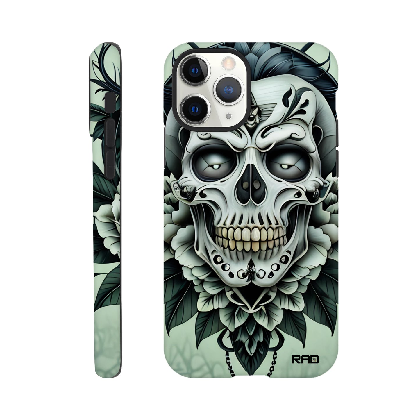 Phone case with skull and floral design on a light green background