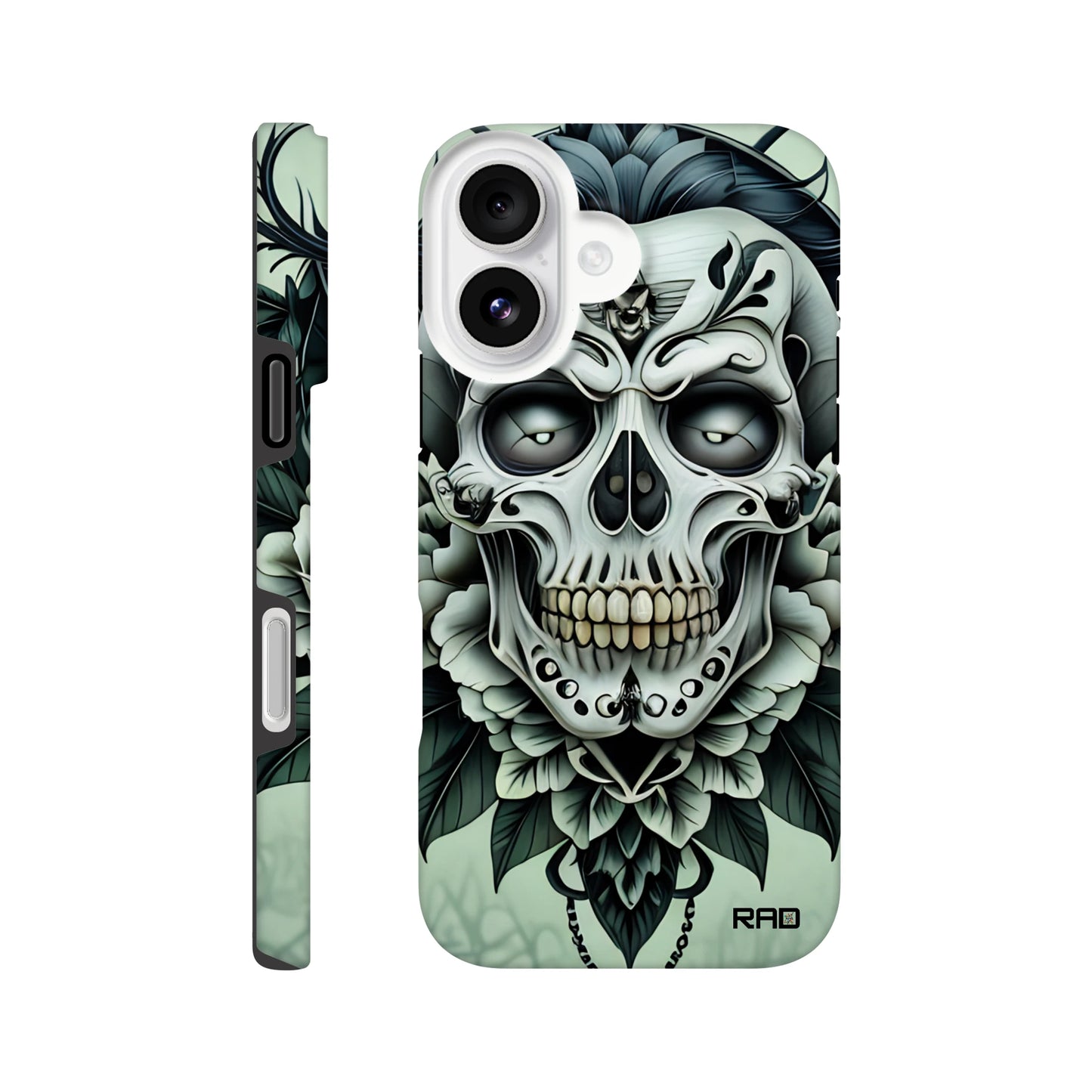 Phone case with skull and floral design on a white background