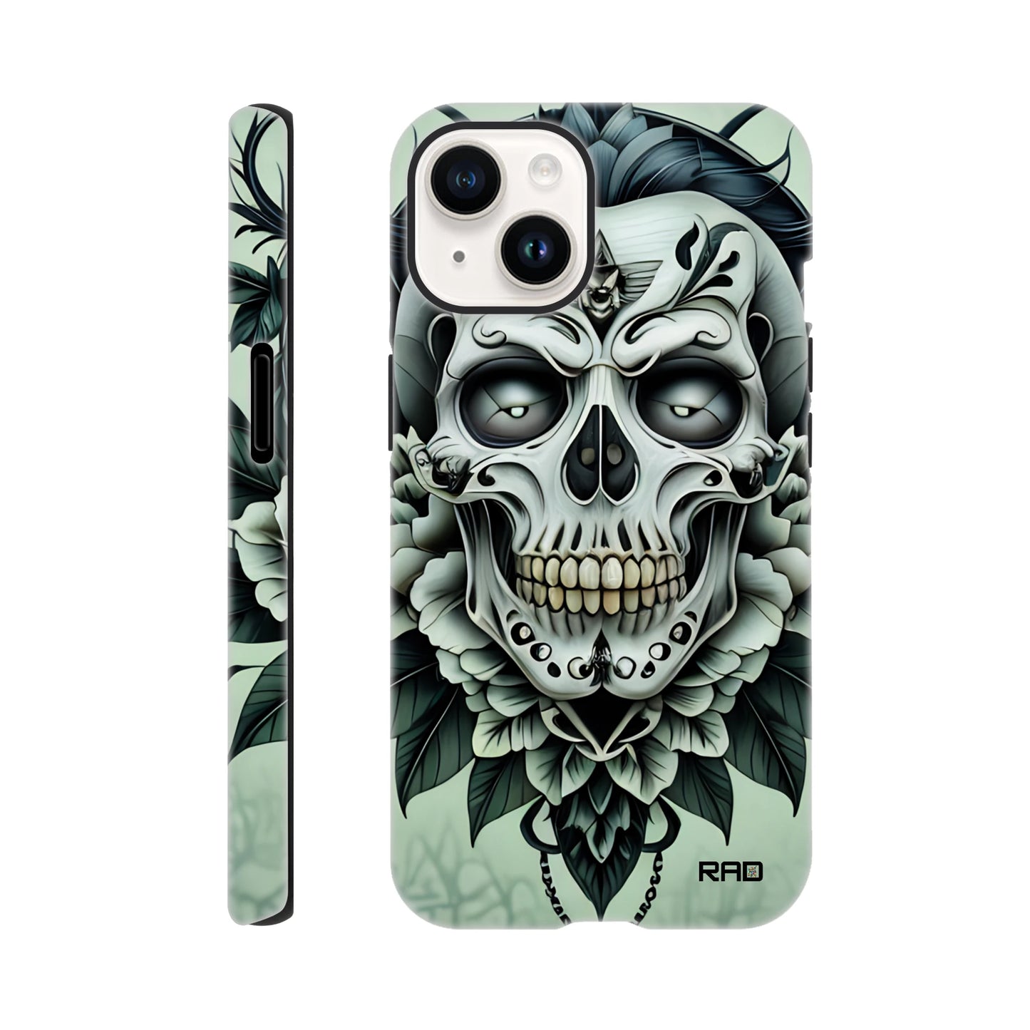 Phone case with skull and floral design on a light green background