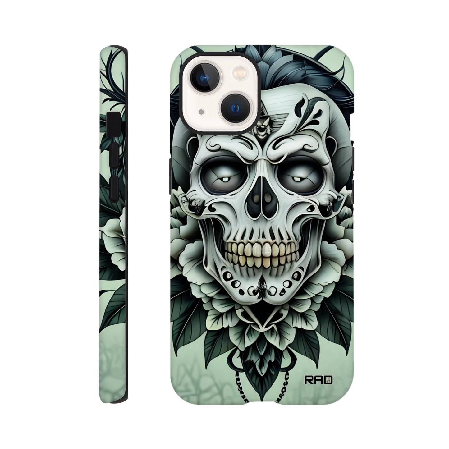 Phone case with skull and floral design on a light green background