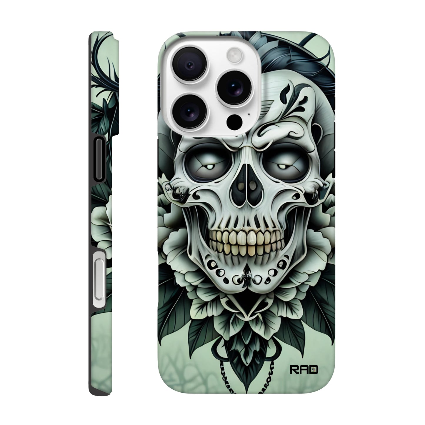 Phone case with skull design and floral elements on a light green background