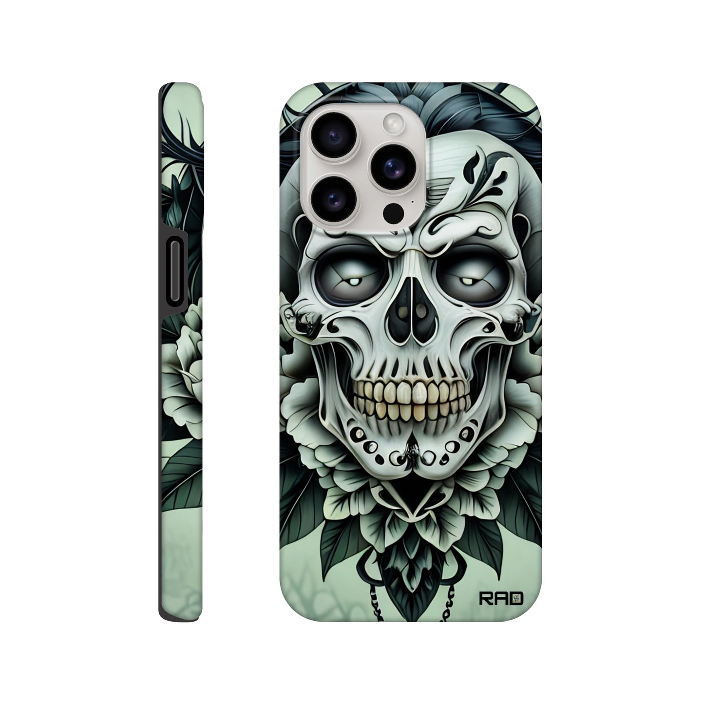 Phone case with skull and floral design on a white background