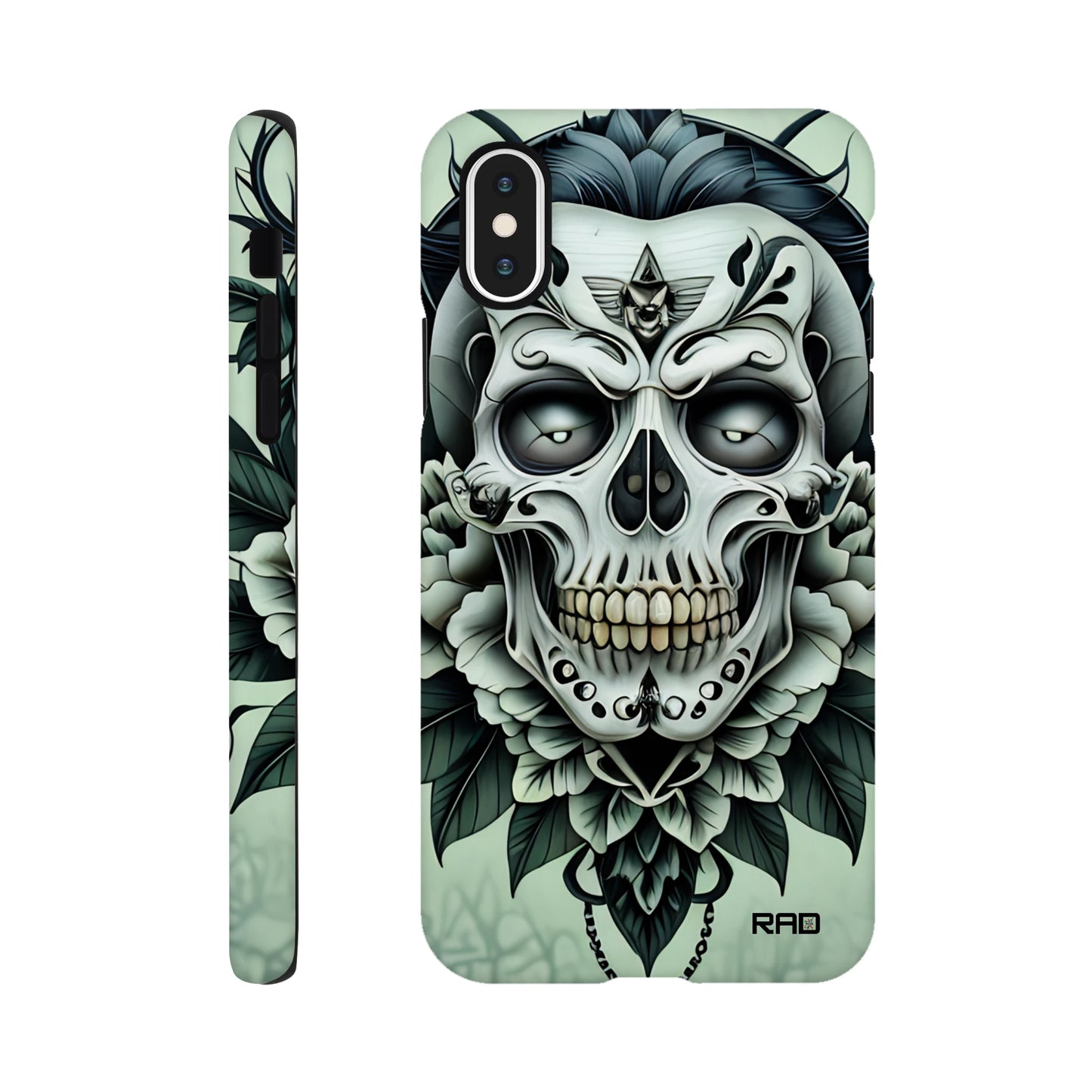 Phone case with skull and floral design on a light green background