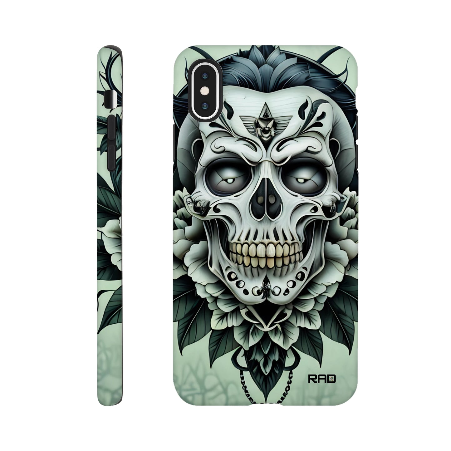 Phone case with skull and floral design on a light green background