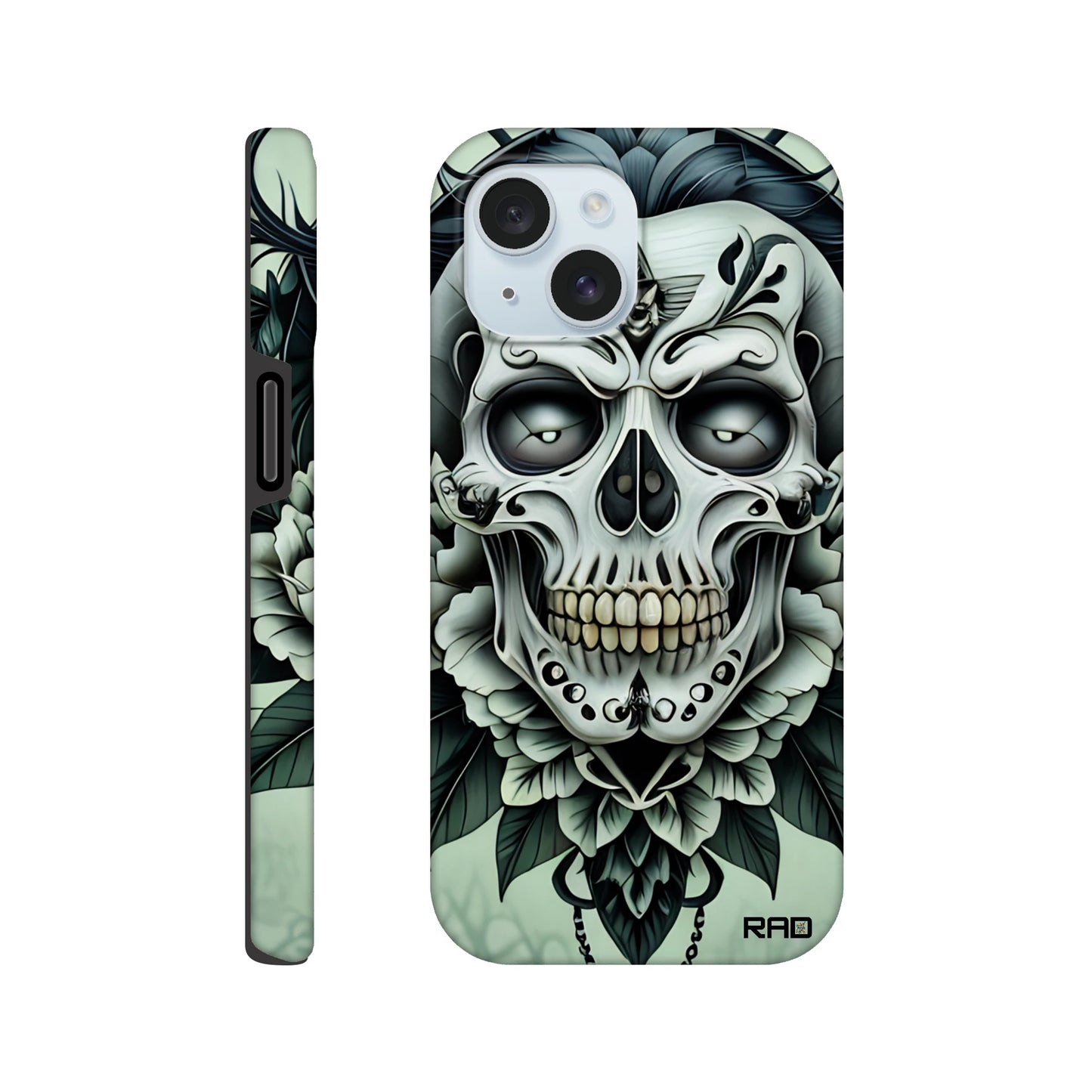 Phone case with skull and floral design on a white background
