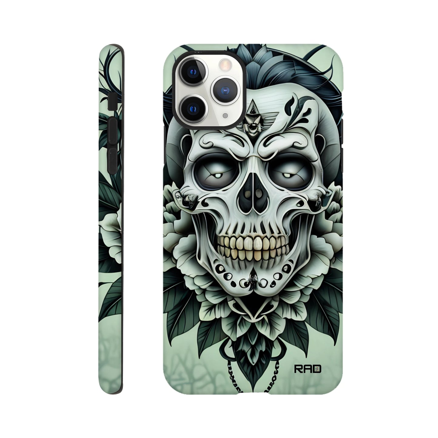 Phone case with skull and floral design on a light green background