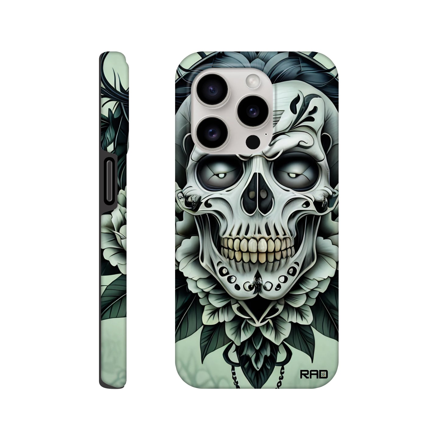 Phone case with skull and floral design on a light green background