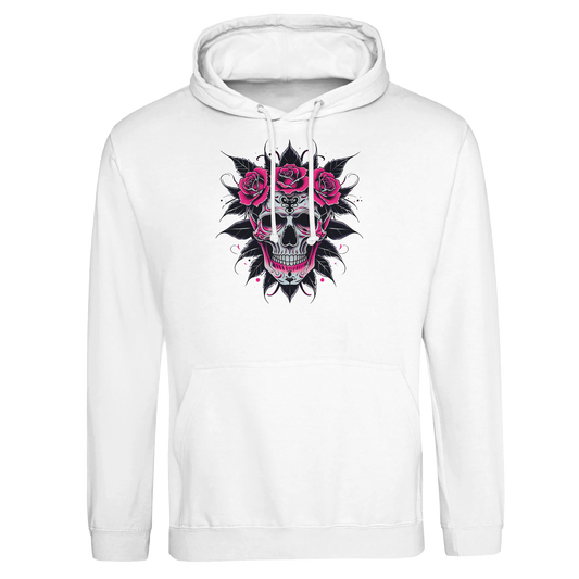 A fitted hoodie with a skull with pink roses and black leaves surround the skull. 