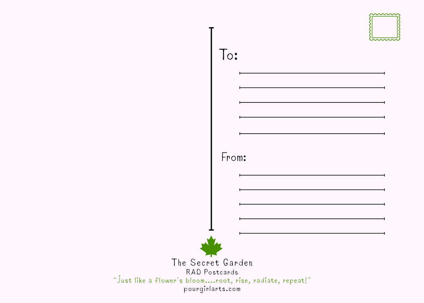 Blank postcard with 'To' and 'From' fields and 'The Secret Garden' branding.