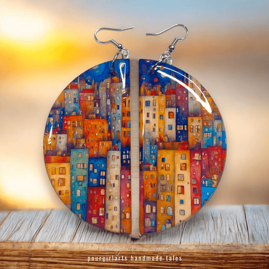 Colorful cityscape earrings on a wooden surface with a blurred background