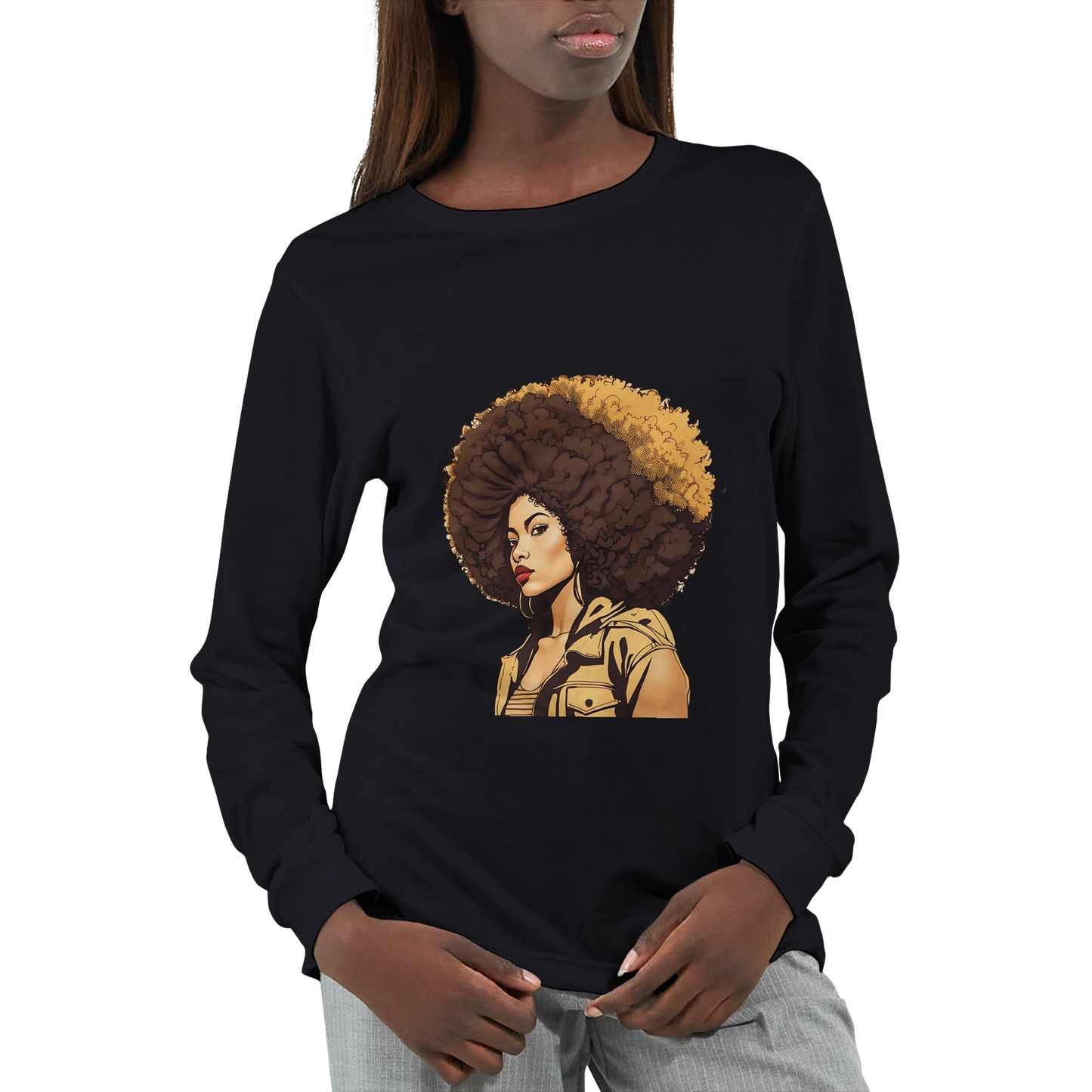 Black long-sleeve shirt with a graphic of a woman with an afro on a white background