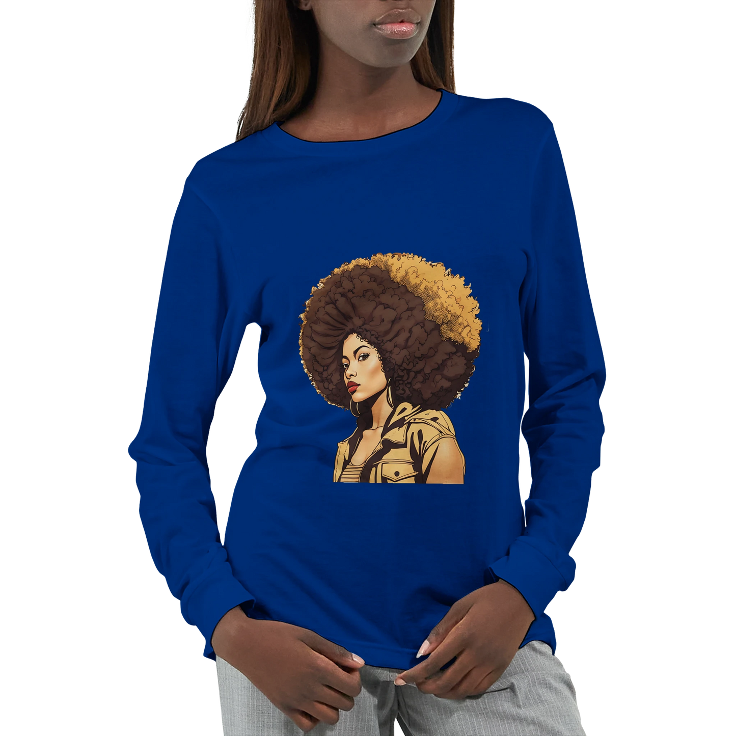 Blue long-sleeve shirt with a graphic of a woman with an afro on a white background