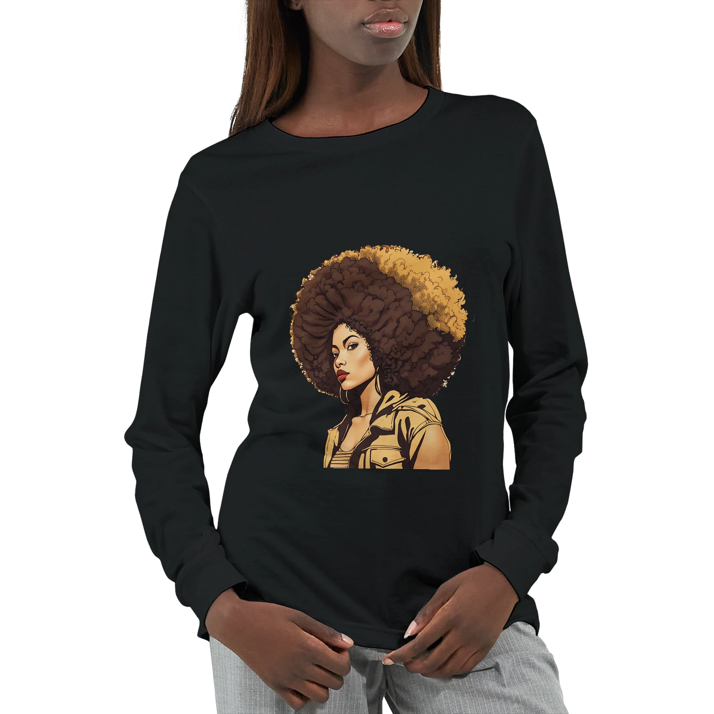 Dark grey long-sleeve shirt with a graphic of a woman with an afro on a white background