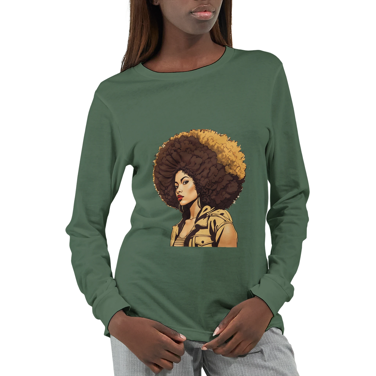 Green long-sleeve shirt with a graphic of a woman with an afro on a white background