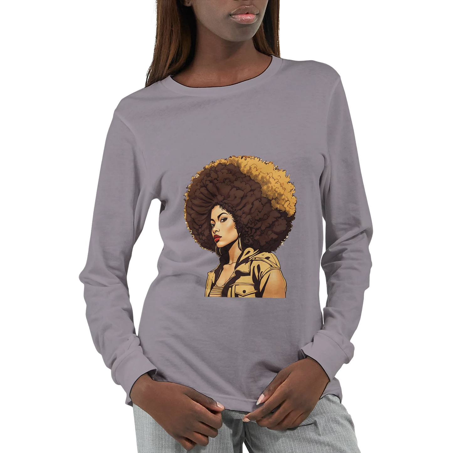 Gray long-sleeve shirt with a graphic of a woman with an afro on a white background