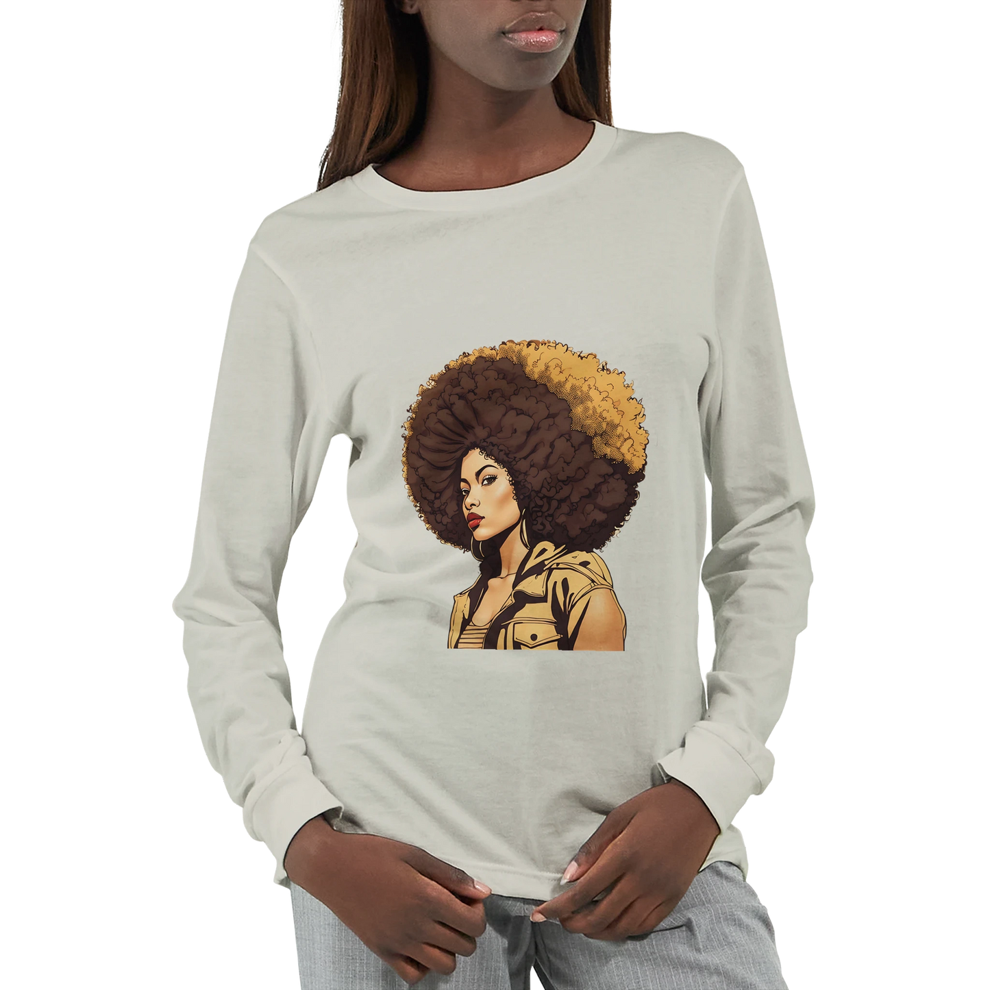 Light gray long-sleeve shirt with a graphic of a woman with an afro on a white background