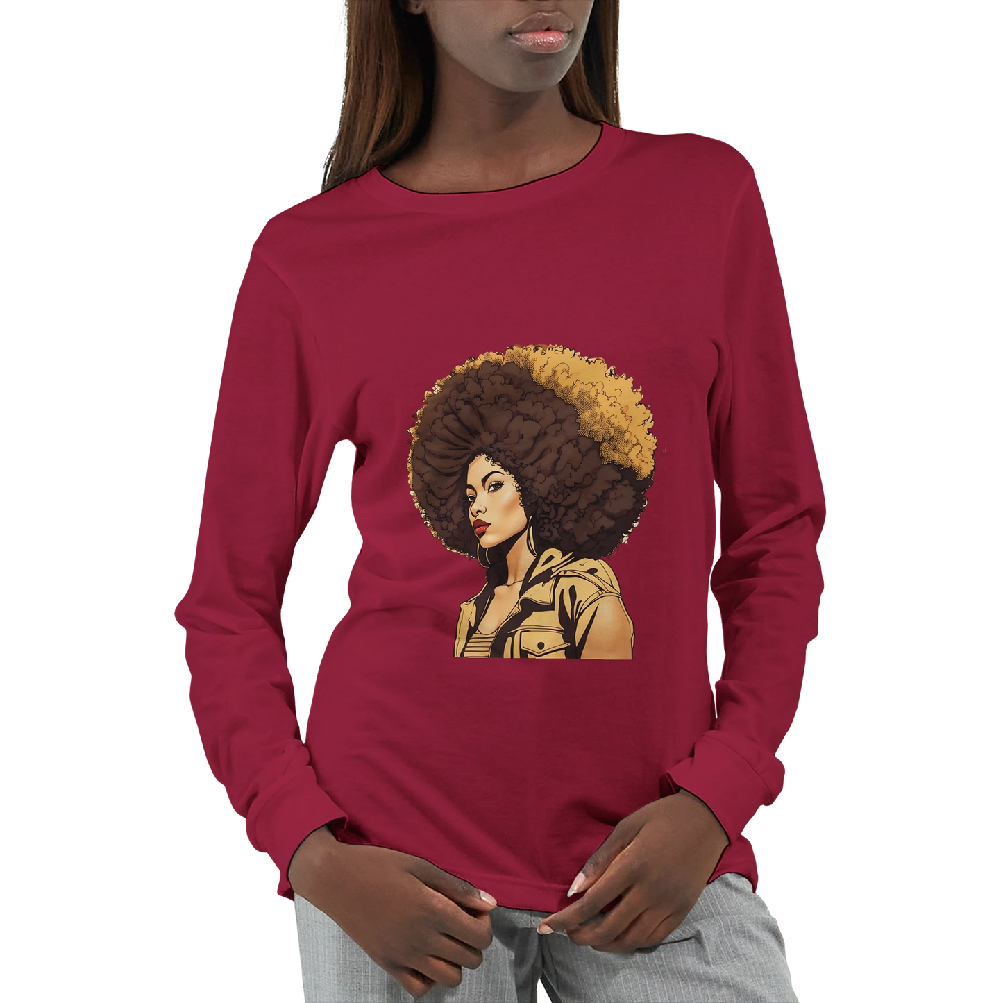 Red long-sleeve shirt with a graphic of a woman with an afro on a white background