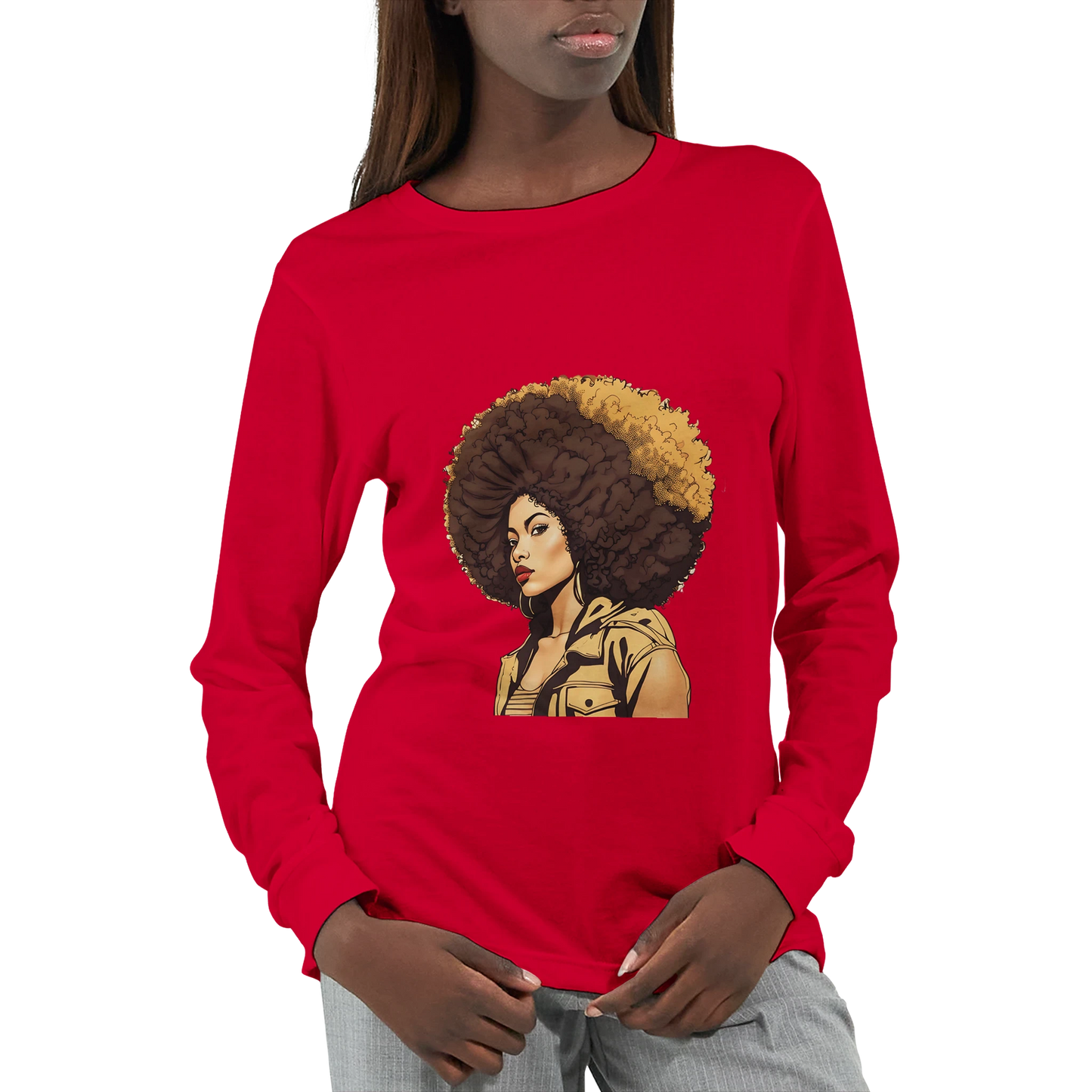 Red long-sleeve shirt with a graphic of a woman with an afro on a white background