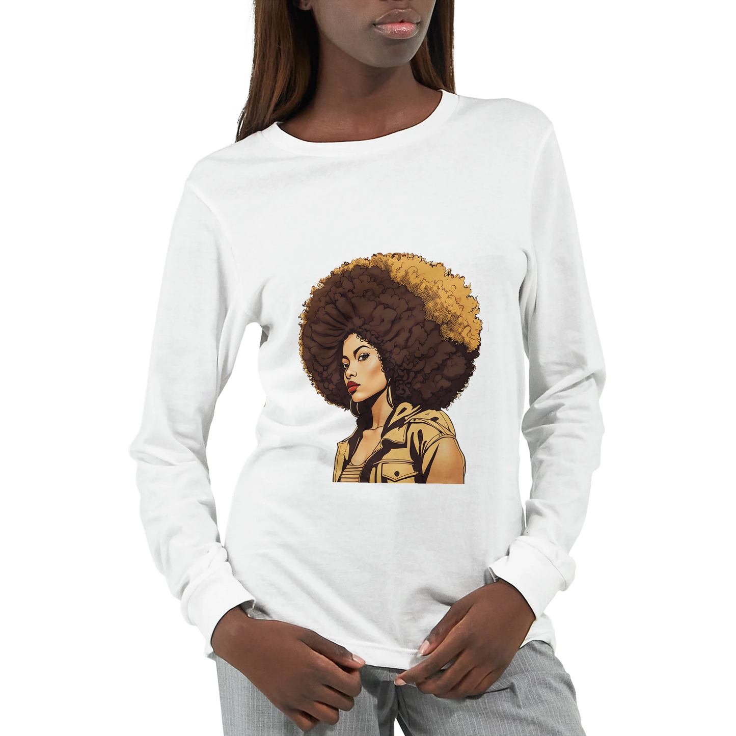 White long-sleeve shirt with a graphic of a woman with an afro on a white background