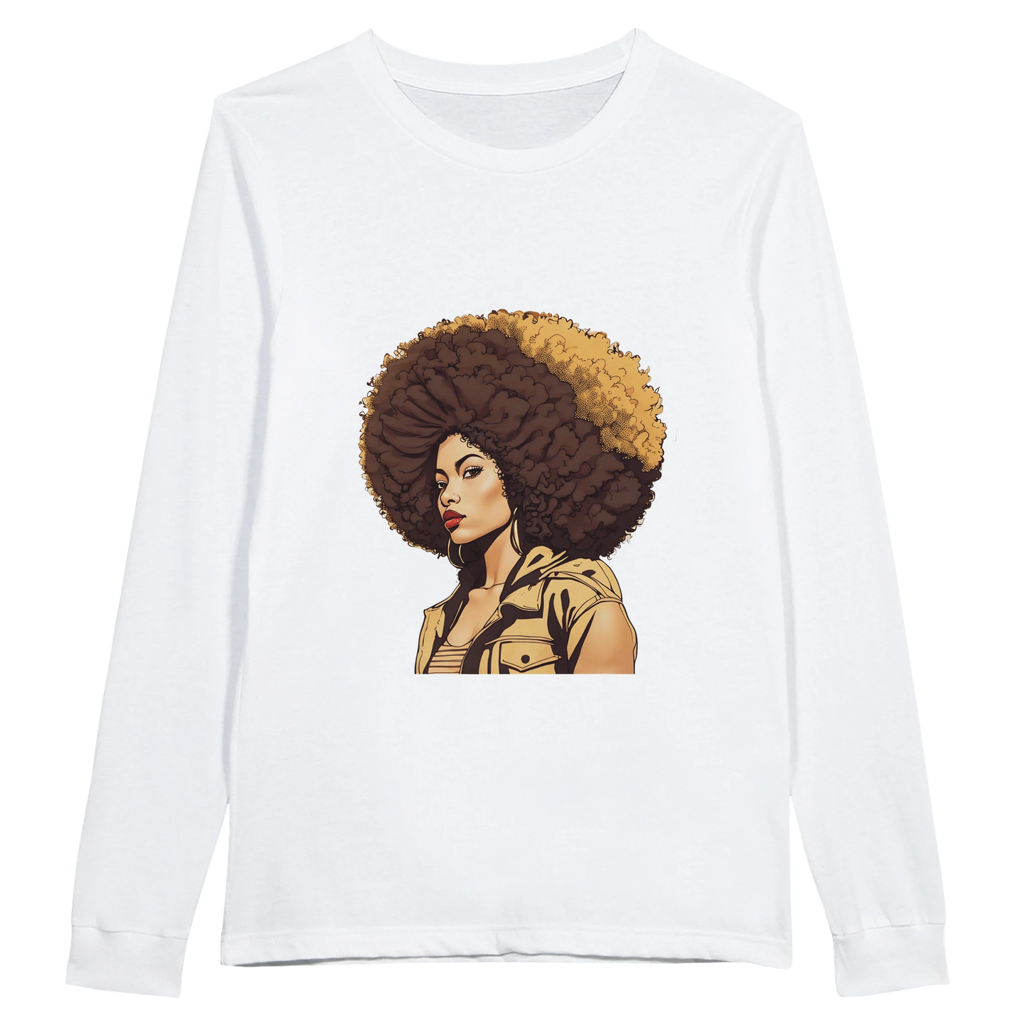 White long-sleeve shirt with a graphic of a woman with an afro on a white background