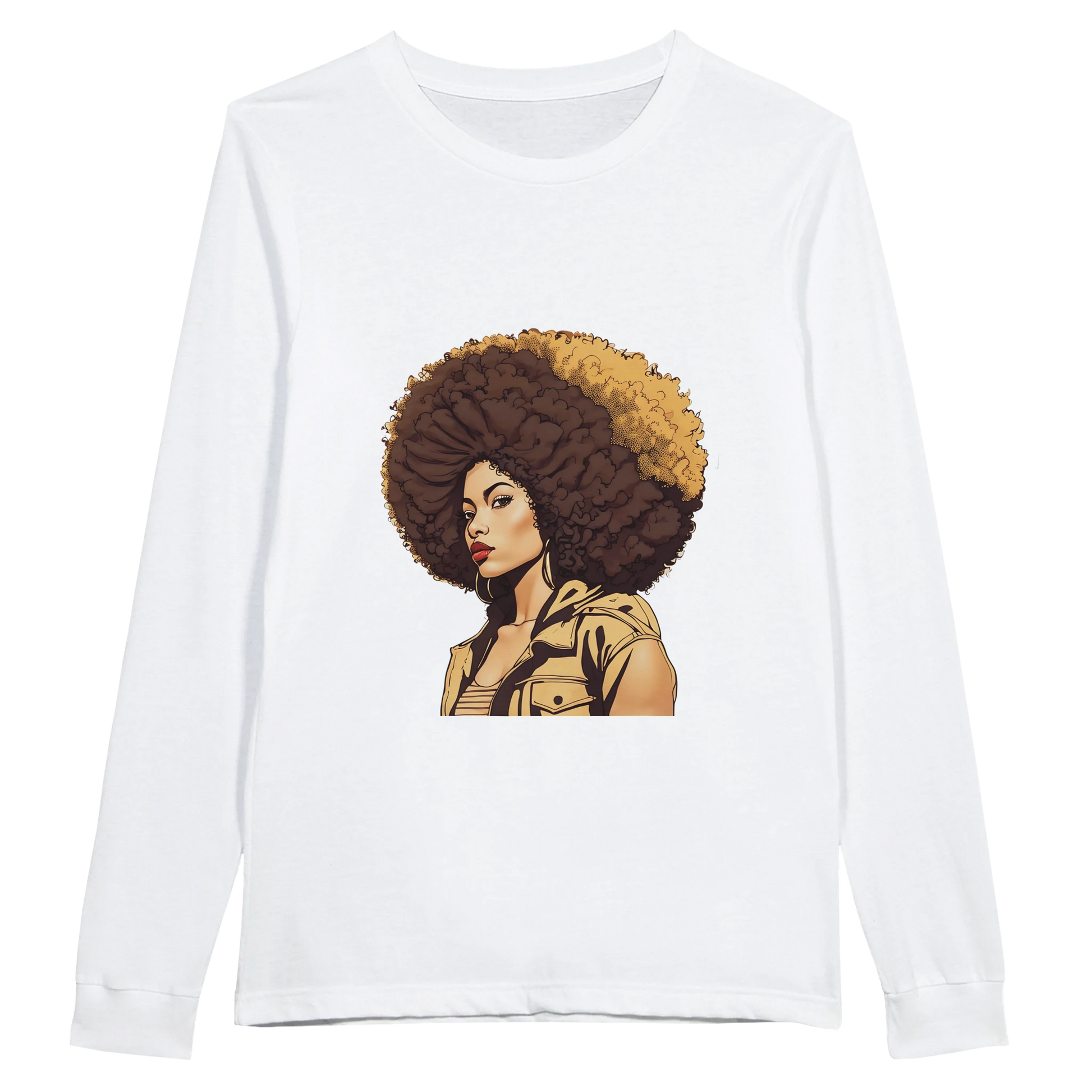White long-sleeve shirt with a graphic of a woman with an afro on a white background