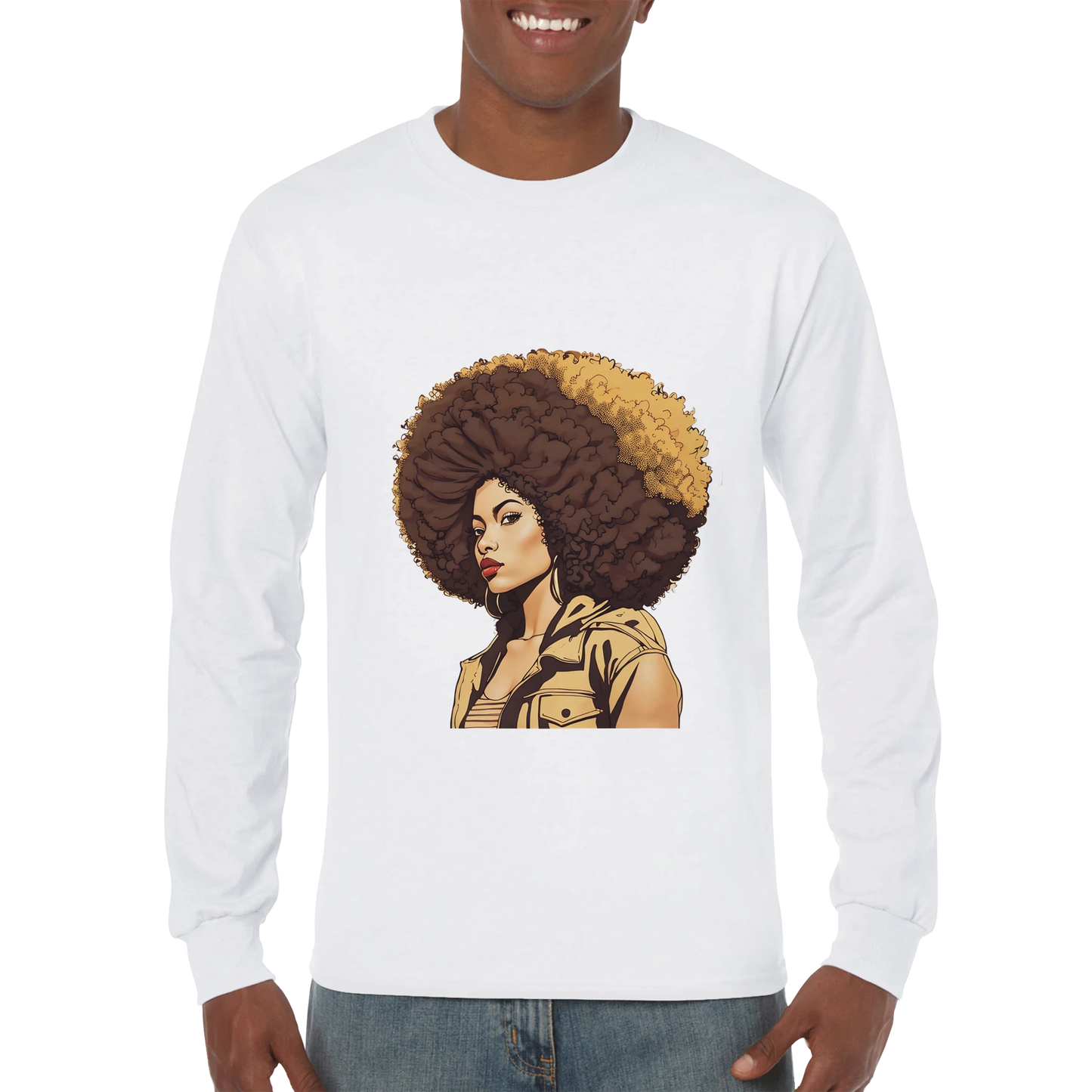 White long-sleeve shirt with a graphic of a woman with an afro on a white background