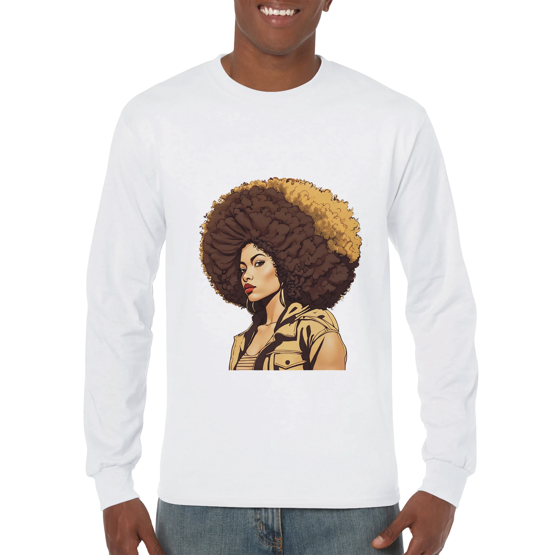 White long-sleeve shirt with a graphic of a woman with an afro on a white background