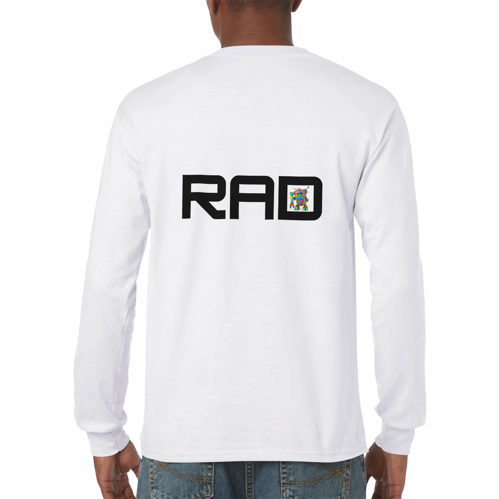 White long-sleeve shirt with 'RAD' logo on the back, worn by a person.