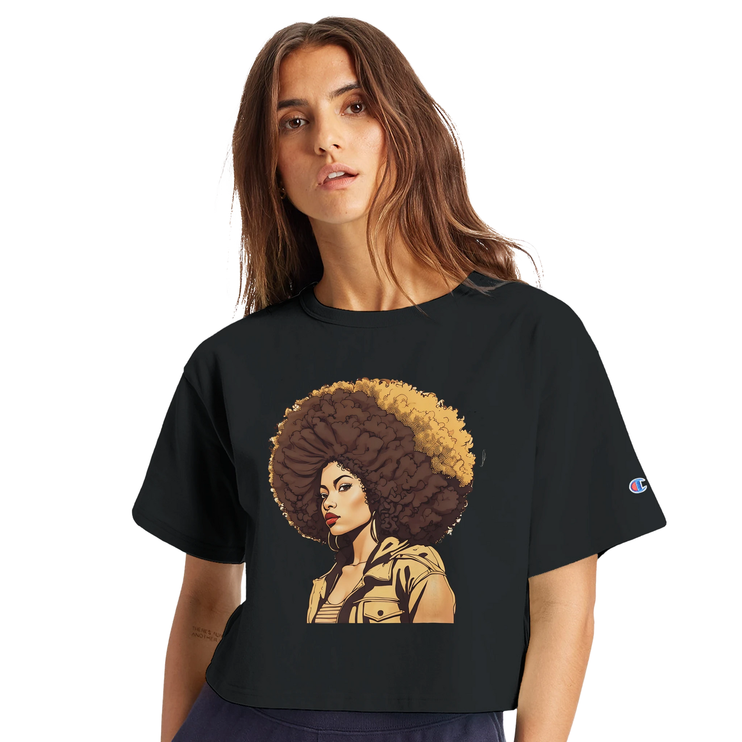 Person wearing a black t-shirt with a graphic design of a woman with an afro.