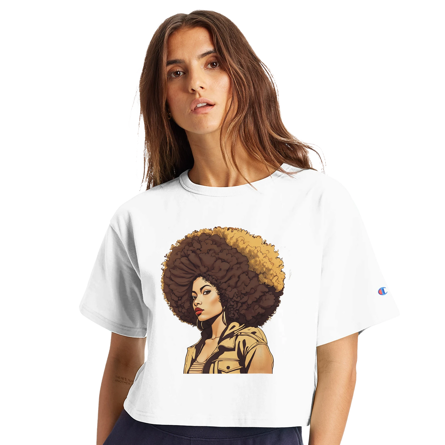 Woman wearing a white t-shirt with a graphic of a woman with an afro on a white background