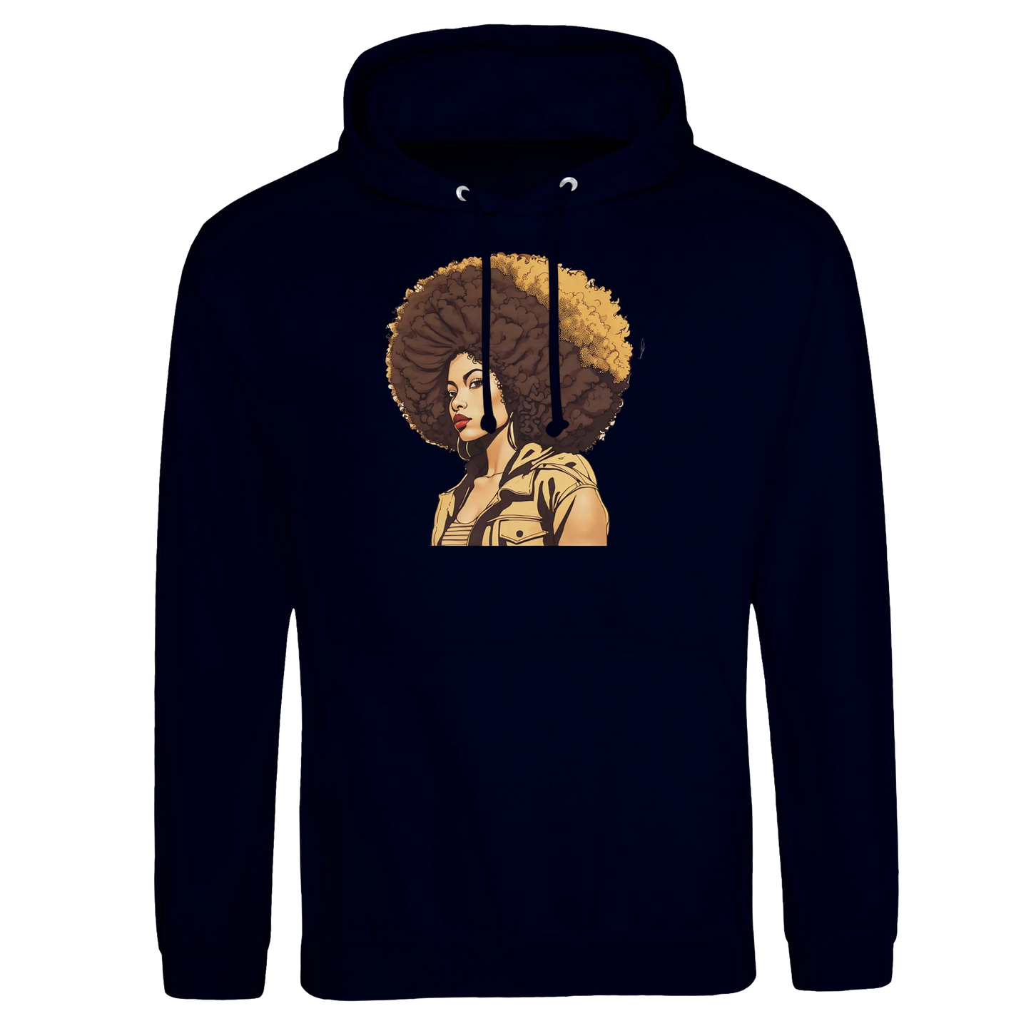 navy hoodie with a graphic of a woman with an afro on a white background