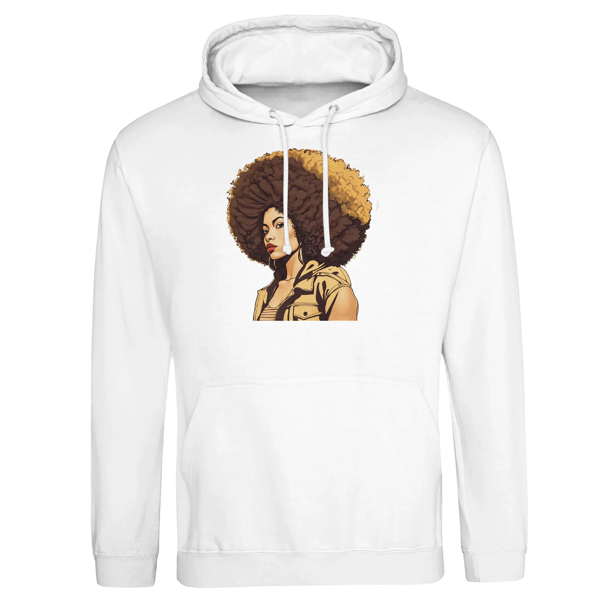 White hoodie with a graphic of a woman with an afro on a white background