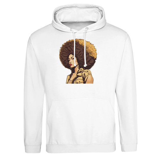 White hoodie with a graphic of a woman with an afro on a white background
